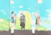 three anime characters are standing in front of a screen