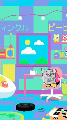 a cartoon drawing of a room with a newspaper that says 20 people missing
