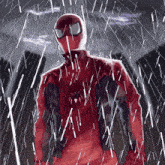 a drawing of a man in a red suit in the rain