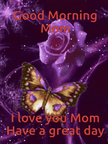a picture of a butterfly and a rose that says good morning mom