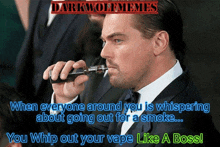 a man in a suit smoking an electronic cigarette