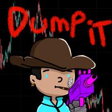 a cartoon of a man holding a gun with the word dumpit in red behind him