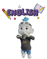 a cartoon character wearing a zhot hoodie stands in front of the word english