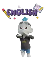 a cartoon character wearing a zhot hoodie stands in front of the word english
