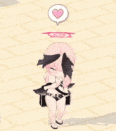 a cartoon girl with pink hair and black feathers is standing on a brick floor