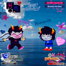 a computer screen shows a scorpion and pisces character