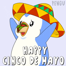 a penguin wearing a sombrero with a taco in its mouth and the words happy cinco de mayo