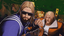 a man with a beard wearing sunglasses stands next to another man