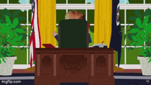 a cartoon of donald trump sitting at a desk with a laptop