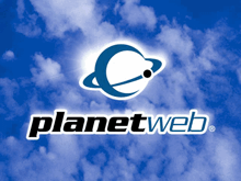a blue and white planet web logo against a blue sky with clouds