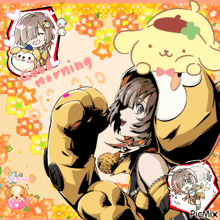 a picture of a girl in a bear costume with the words good morning on the bottom