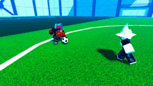 a video game character is playing soccer with another character on the field
