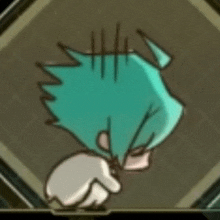 a cartoon character with blue hair and a white hand is laying on the ground .
