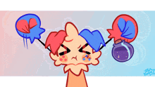 a cartoon drawing of a clown with balloons on his head and a bottle of potion
