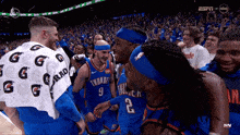 a group of basketball players wearing thunder uniforms