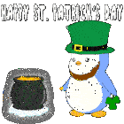 a penguin in a leprechaun hat is standing next to a pot