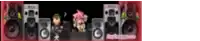 a group of cartoon characters are standing in front of a bunch of speakers