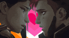 a couple of cartoon characters looking at each other with a heart behind them