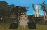a girl with a halo on her head is standing in front of a fountain