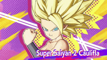 a cartoon of super saiyan 2 caulifla with a fist in the air