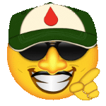 a smiley face wearing a green hat and sunglasses is giving a peace sign