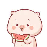 a cartoon pig is holding a slice of watermelon in its paws .