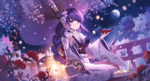 a girl in a kimono holding an umbrella and a cup