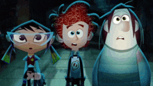 three cartoon characters are standing next to each other and one of them has the letter x on his shirt