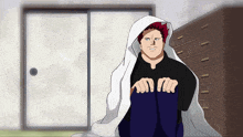 a man with red hair is wrapped in a blanket