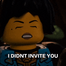 a lego character is saying `` i didn 't invite you '' .