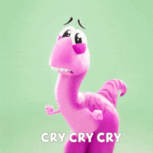 a pink cartoon dinosaur with the words cry cry cry behind it