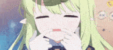 a girl with green hair and white gloves is making a face