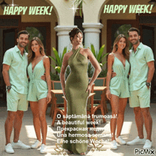 a woman in a green dress stands in front of a group of people with the words happy week on the bottom