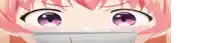 a close up of a girl 's eyes with purple eyes and pink hair looking at something .