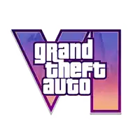 a logo for grand theft auto v with a sunset in the background
