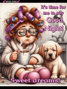 a cartoon of a woman with curlers on her hair holding a cup of coffee and a puppy