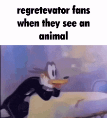 a cartoon of goofy holding a banana with the caption regretevapor fans when they see an animal .