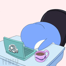 a drawing of a penguin laying on a desk with a laptop and a cup of coffee