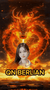 a picture of a woman with a dragon in the background and the name qn berlian