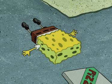 a cartoon of spongebob laying on the ground next to a box of pizza