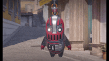 a red robot with the number 5 on it 's head