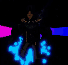 a cartoon character is standing in a dark room with a purple and blue background .