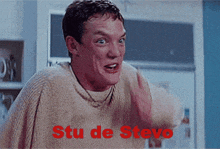 a man in a sweater with stu de steve written on his shirt