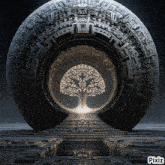 a picture of a tree in the middle of a sphere with pixiz on the bottom
