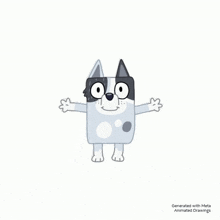 a black and white cartoon dog is standing on a white background with its arms outstretched .