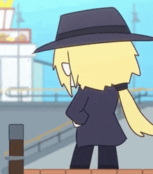 a cartoon character is wearing a hat and standing next to a brick wall