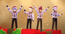 a group of anime characters wearing santa hats are standing on a red box