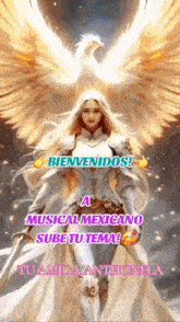 a woman in armor is standing in front of an eagle with the words bienvenidos musical mexicano sube tu tema