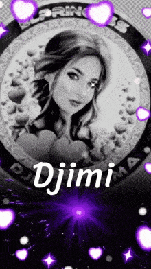 a black and white photo of a woman with the name djimi on the bottom