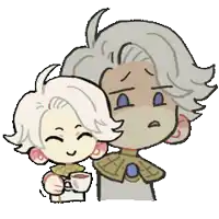 a cartoon drawing of a boy holding a cup of coffee next to another boy